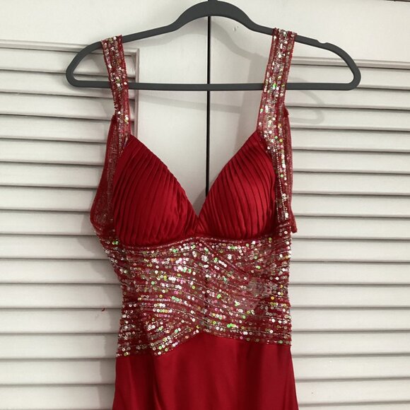 Jovani Red Sequin Embellished Satin 100% Silk Maxi Dress Gown Size 4 - Picture 6 of 16
